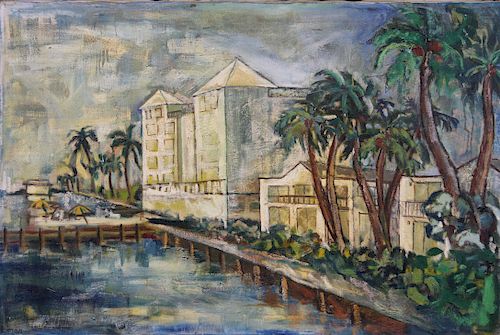Signed, Florida Harbor Scene w/ Palm Trees