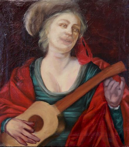 Early 20th C. Painting of Woman with Guitar