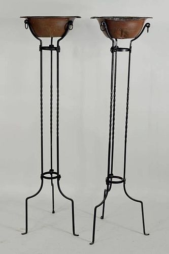 Pair Modernist Wrought Iron Stands, Copper Pans