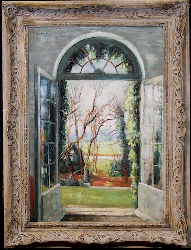 Signed, Painting of Spring Landscape From Window