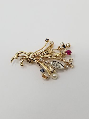 14K Gold, Sapphire, Ruby & Diamond Floral Pin