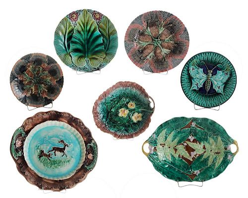 Seven Majolica Plates, Platters and