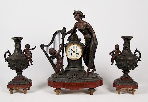FRENCH PATINATED METAL AND MARBLE CLOCK SET
