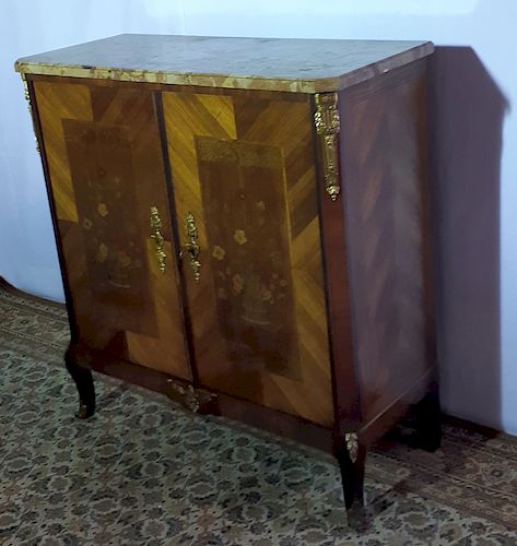 19TH C. MARQUETRY INLAID MARBLE TOP CABINET