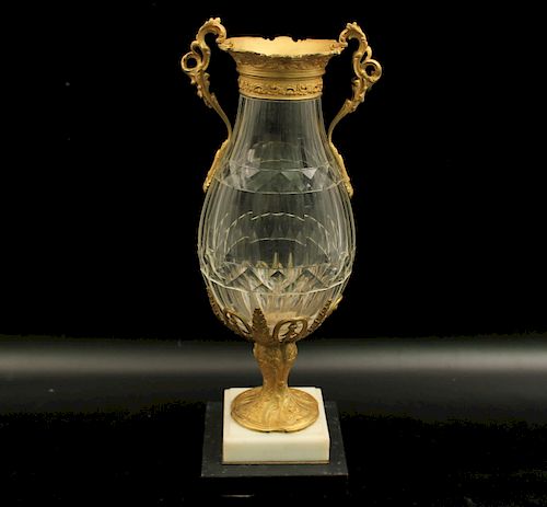FRENCH CRYSTAL AND GILT BRONZE MTD VASE ON STAND