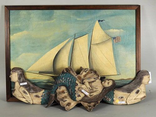 Folk Art Painting Ship w/3 Carved Mermaid Plaques