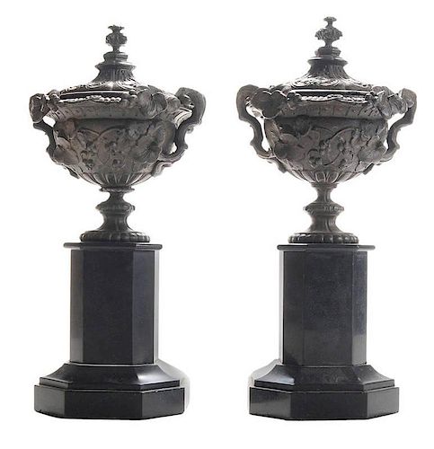 Pair Cast Iron Covered Urns