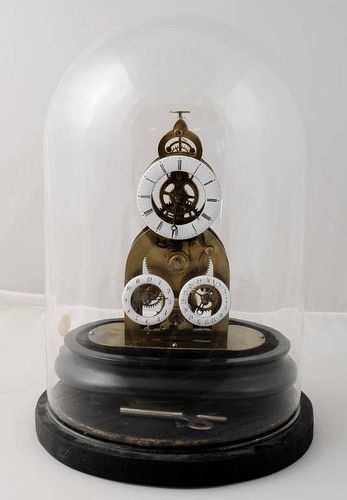 French Brass & Enamel Column Skeleton Clock