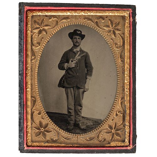 Quarter Plate Tintype of Union Private Holding a Colt Navy Pistol