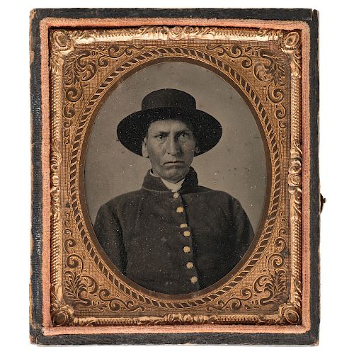 Sixth Plate Tintype of Possible American Indian Private in Federal Uniform