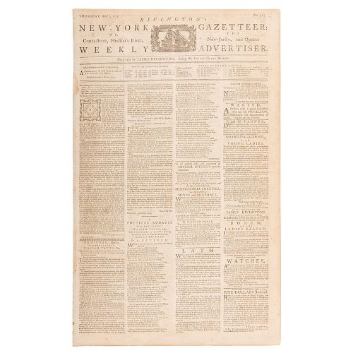 Rivington's New-York Gazetteer,  Rare Colonial American Newspaper with Reactions to the Intolerable Acts, April 1774