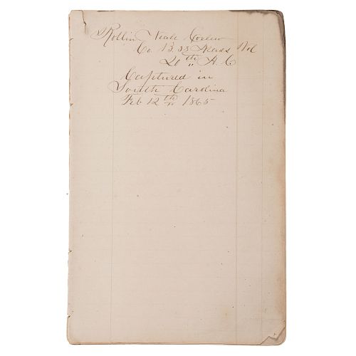 Rollin Neale Corlew, 33rd Massachusetts Volunteers, 1865 Diary, Captured in South Carolina