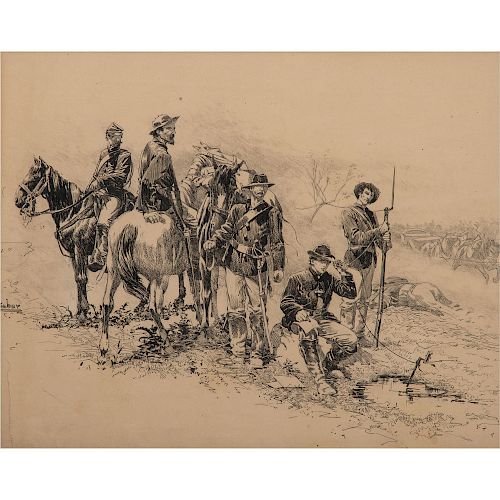 Telegraphing in the Field, Original Pen and Ink Sketch by I. Walton Taber