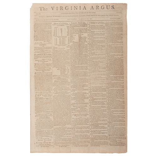 Virginia Argus, Rare 1804 Newspaper Featuring Advertisement for Slavery Auction at the Raleigh Tavern, Williamsburg