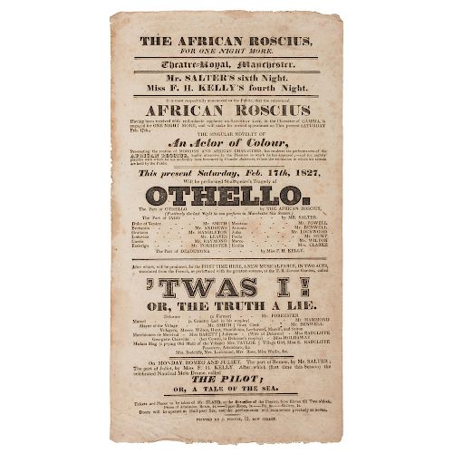 African American Shakespearean Actor Ira Aldridge, "The African Roscius," Broadside for 1827 Performance of Othello
