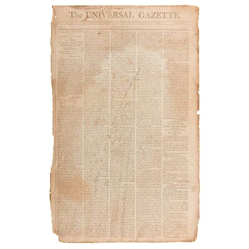 Thomas Jefferson's First State of the Union Printed in Washington's Universal Gazette