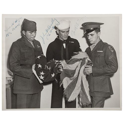 Iwo Jima Photograph Signed by Flag Raisers (and Witness) Ira Hayes, John Bradley, and Rene Gagnon