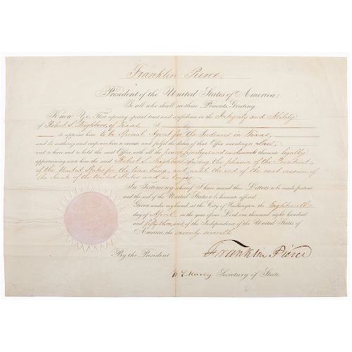 Franklin Pierce Presidential Signed Appointment for Texas Ranger Robert S. Neighbors as Special Agent for Indians in Texas