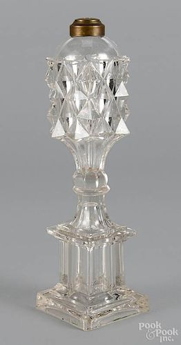 Colorless glass whale oil lamp, 19th c., 12'' h.