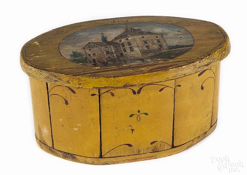 Continental painted pine trinket box, 19th c., with a painted panel on the lid inscribed Liege