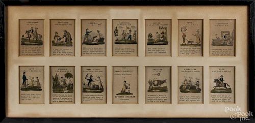 Framed group of cards, The Paths of Learning - English Grammar Illustrated, dated 1826