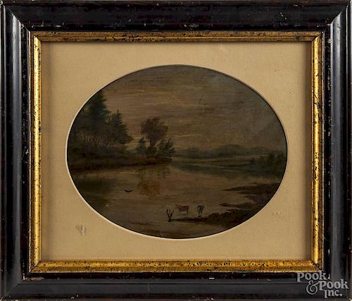 Primitive oil on board landscape, 19th c., depicting cows by a pond's edge, 6 3/4'' x 8 1/2''.