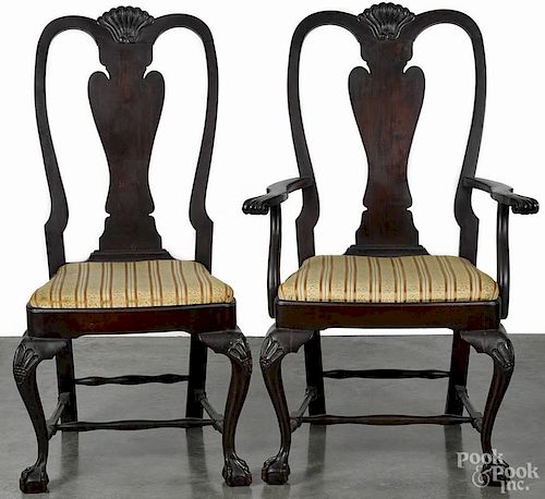 Queen Anne style mahogany armchair and matching side chair.