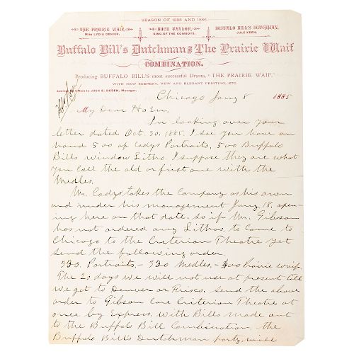 Buffalo Bill's Wild West, Rare Letter from "Buffalo Bill's Dutchman and the Prairie Waif" Show Manager