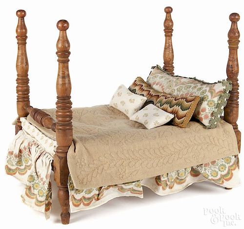 Sheraton maple doll bed, 19th c., with trimmings, 17 3/4'' h., 13'' w., 19'' d.