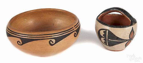 Small Acoma pottery basket, together with a Hopi bowl, 3 1/4'' h., 2 1/2'' w., 5 3/4'' d.