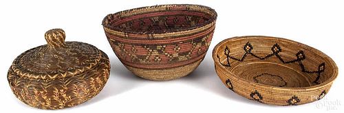 Three Native American baskets, probably Yokutz, 6'' h., 12'' dia.