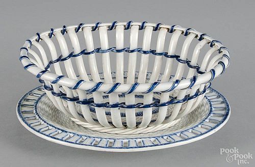 Pearlware blue feather edge basket and undertray, early 19th c., 3 3/4'' h., 9 1/2'' dia.