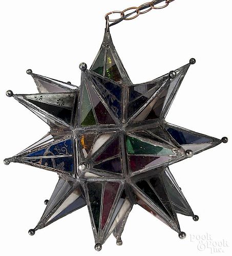 Moravian star hanging light with colored leaded glass panels, 16 1/2'' h.
