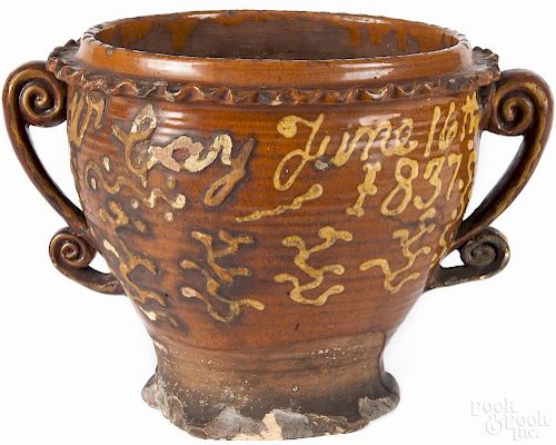 Large redware planter, dated 1837, inscribed W Coy, with yellow slip seaweed decoration
