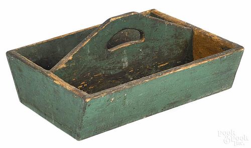 Painted pine cutlery box, 19th c., retaining an old green surface, 5 1/2'' h., 12 1/2'' w.