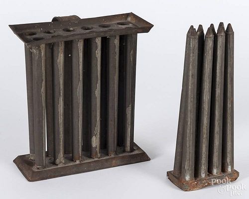 Two tin candlemolds 19th c., 10'' h., 9'' w. and 10 3/4'' h., 4 1/4'' w.