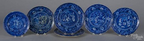 Six historical blue Staffordshire plates of various sizes depicting scenes from Don Quixote