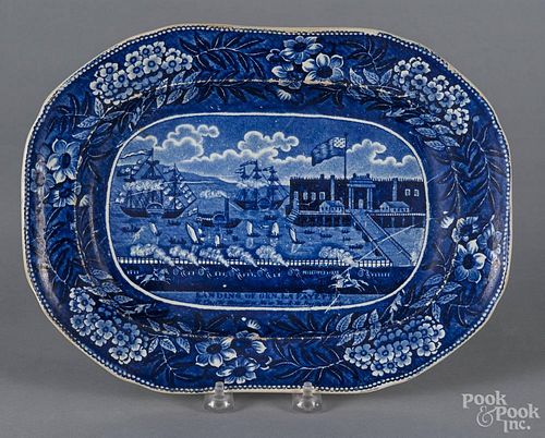 Historical blue Staffordshire Landing of Lafayette platter, 19th c., 12 1/4'' l., 9 1/4'' w.