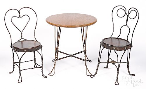 Child's oak ice cream parlor table and chairs