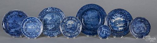 Eight historical blue Staffordshire plates of various sizes depicting Continental and Asian scenes