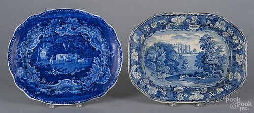 Two historical blue Staffordshire platters, 19th c., to include Brancepeth Castle Durham