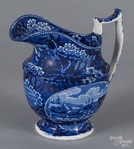 Historical blue Staffordshire Landing of Lafayette pitcher, 19th c., 8 1/2'' h., 8 1/2'' w.