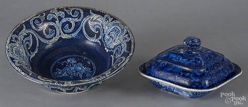 Historical blue Staffordshire center bowl, 4 1/2'' h., 13 3/4'' dia., and a covered serving dish