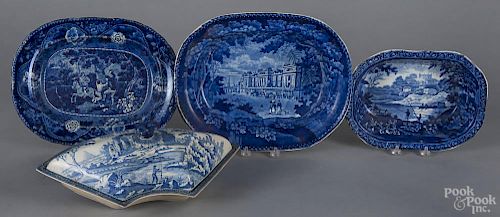 Group of historical blue Staffordshire, 19th c., to include a covered crescent dish, 6'' h., 15'' w.