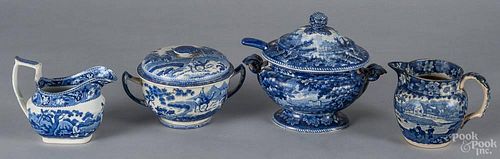 Four pieces of historical blue Staffordshire, 19th c., to include two creamers, a covered sugar