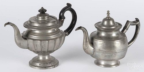 Two American pewter teapots, 19th c., bearing touches of Crossman, West & Leonard