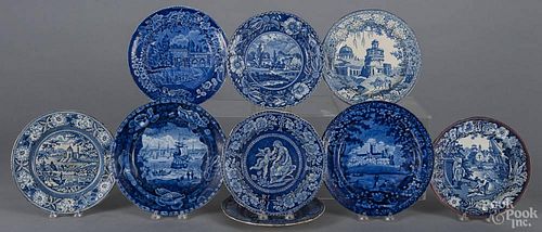 Nine pieces of assorted historical blue Staffordshire plates, 19th c., largest - 10'' dia.