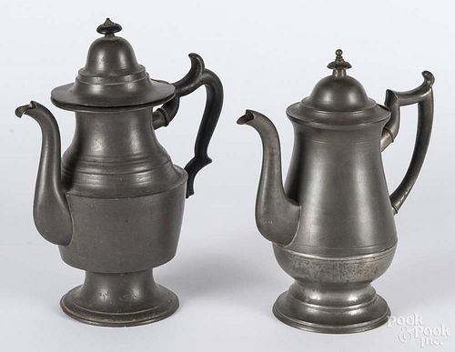 Two American pewter coffee pots, 19th c., bearing the touches of Rufus Dunham of Westbrook, Maine