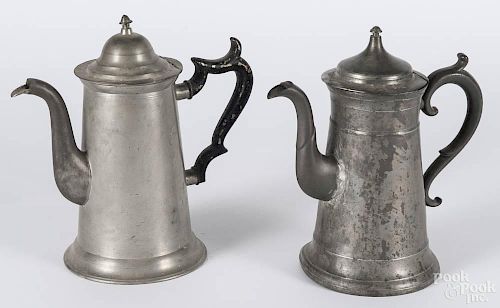 Two Philadelphia, Pennsylvania pewter coffee pots, 19th c., bearing the touches of William McQuilkin