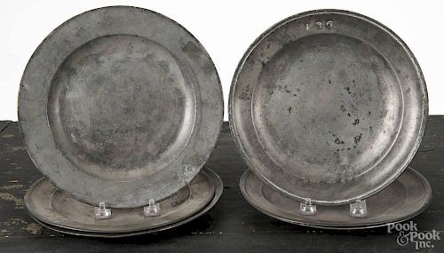 Six English pewter plates, 19th c., largest - 9 1/2'' dia.